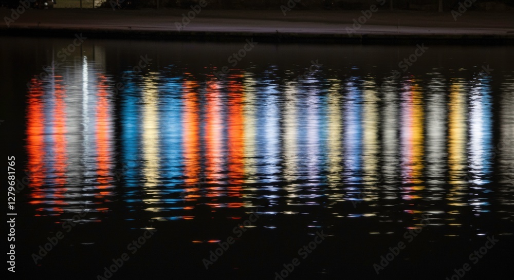 Poster abstract reflections: a mesmerizing display of colorful reflections shimmering on the dark water's s