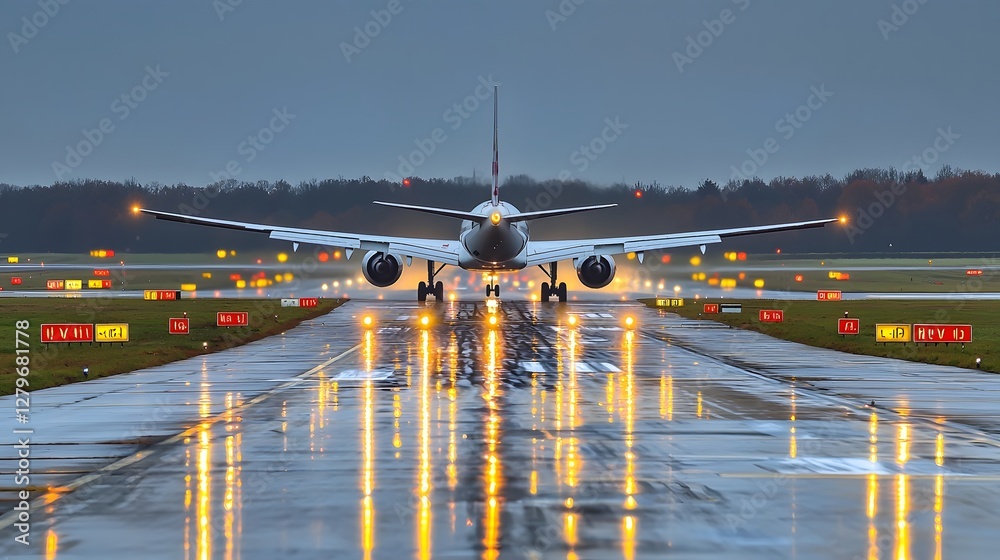 Aufkleber Cinematic perspective of an airplane approaching the runway at night under heavy rain with the reflections of the runway lights shimmering on the wet tarmac creating a moody and atmospheric scene