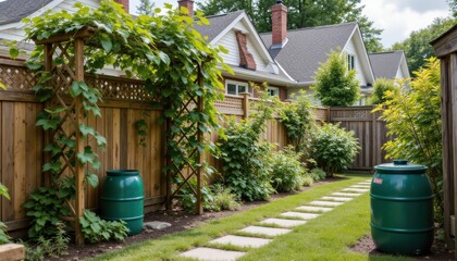 Lush Garden Pathway with Green Rain Barrels and Trellis in a Residential Setting