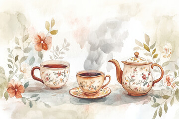 Fototapeta premium A charming and nostalgic watercolor illustration of a vintage tea set, complete with delicate floral patterns and steam rising from the cups.