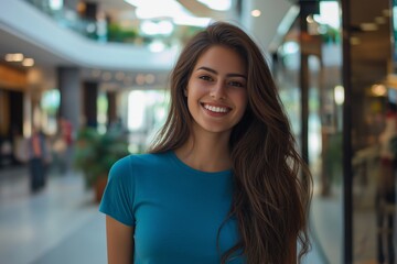 Happy young woman with long brown hair, wearing a blue t-shirt, smiling brightly while shopping in a bustling shopping center filled with vibrant retail displays