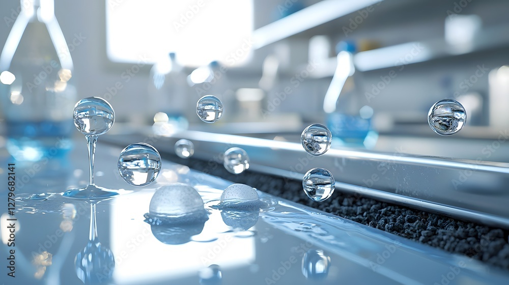 Poster Close up photograph showcasing water droplets passing through an activated carbon system highlighting the transparency reflection and scientific nature of the process