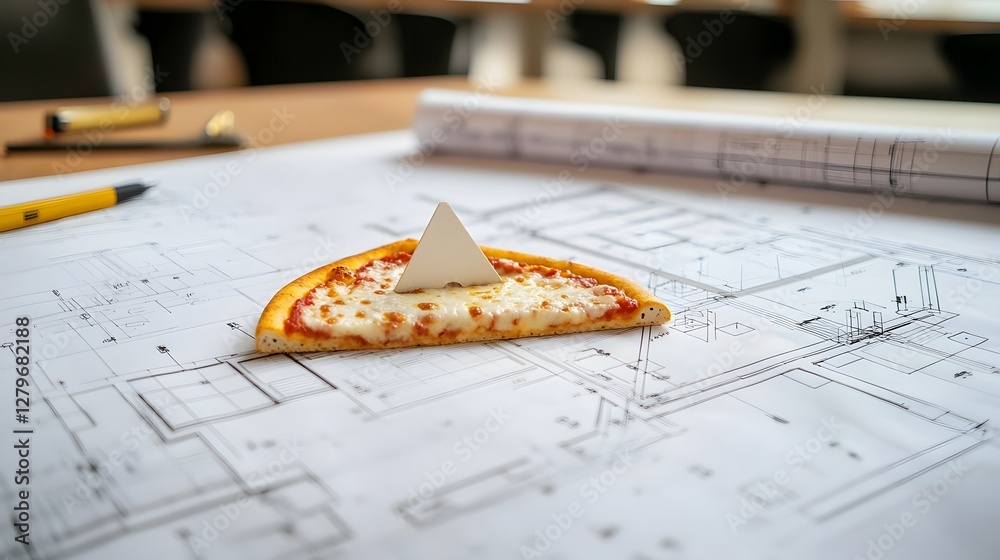 Aufkleber close up view of a delicious pizza slice resting on top of architectural blueprints and design drawi