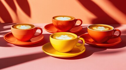 Colorful coffee cups with latte art arranged on a pink surface, casting shadows from nearby plants