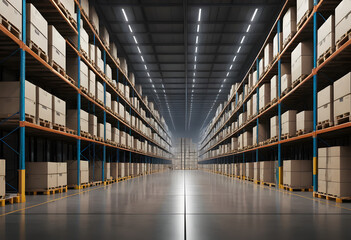 Fototapeta premium A large, well-organized warehouse with neatly stacked pallets of goods, illuminated by industrial overhead lighting