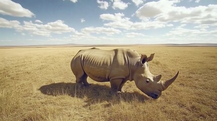 Fototapeta premium Rhino grazing savanna, sunny African landscape