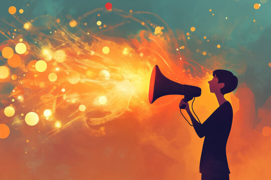 A symbolic and heartfelt illustration of a person holding a glowing megaphone, their words radiating warmth and kindness, symbolizing the importance of thoughtful communication.