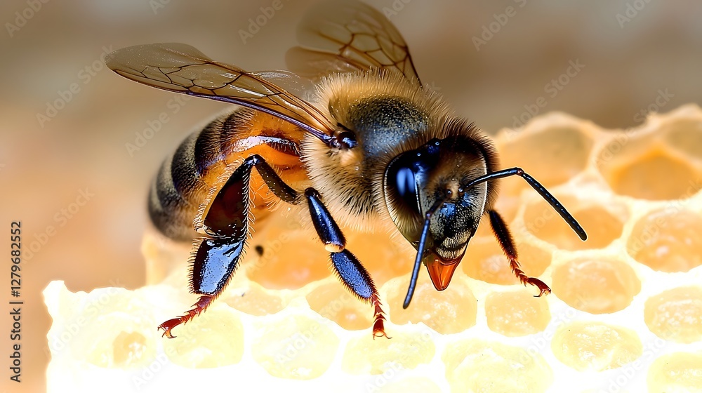 Poster Closeup shot of a golden striped honeybee hovering near a complex structured honeycomb filled with intricate hexagonal wax cells in a detailed nature scene