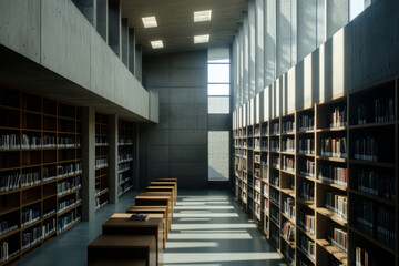 Obraz premium A brutalist library with enormous concrete bookshelves, long narrow windows allowing beams of light to pass through, and a minimalist, industrial aesthetic.