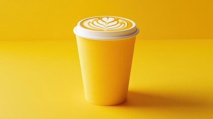 Vibrant yellow coffee cup with latte art against a bright yellow background, ideal for food photography