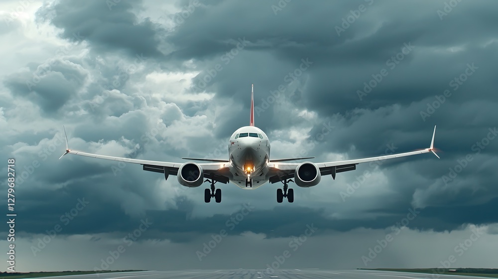 Poster commercial jet aircraft on final approach navigating through towering menacing thunderclouds with dr