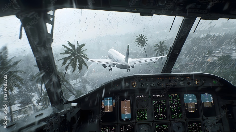 Aufkleber commercial jet attempting to land during intense typhoon with howling winds bending palm trees and r