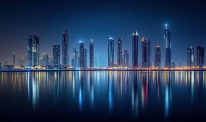 Urban skyline glowing at night, skyscrapers reflecting bright city lights, sharp focus on architectural details, deep blue tones in the sk