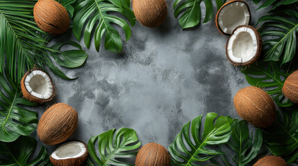 Summer tropical frame composition of whole and halved coconuts and monstera and palm leaves creating a border with copy space on gray textured background, top view
