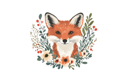 Obraz premium Red fox surrounded by flowers and greenery design