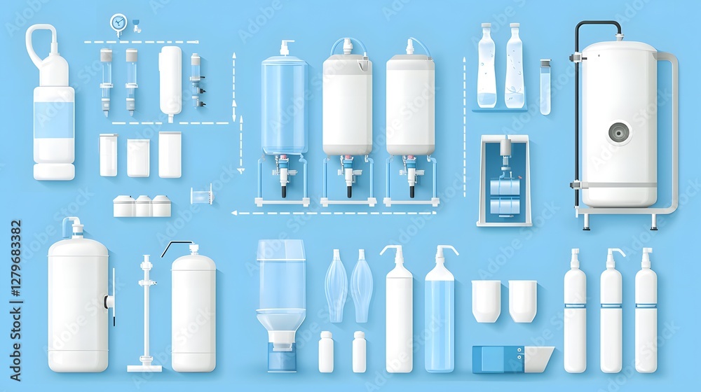 Poster detailed schematic diagram illustrating the step by step water purification process from source to t