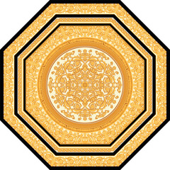 Octagonal golden medallion featuring intricate floral and ornamental pattern.