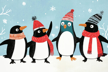 Fototapeta premium A fun and playful illustration of a group of penguins waddling on the ice, each with unique accessories like scarves and hats.