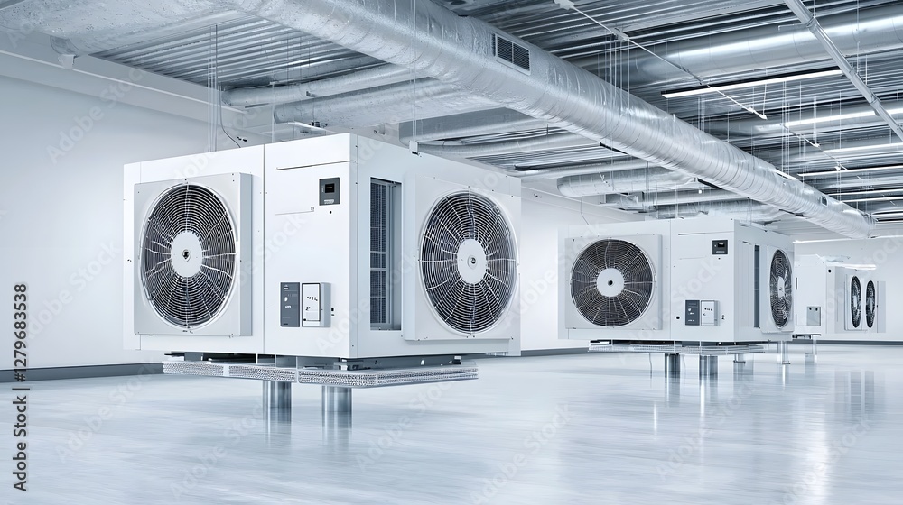 Poster Detailed view of the intricate HVAC system responsible for maintaining a comfortable and efficient climate within a large modern shopping mall complex