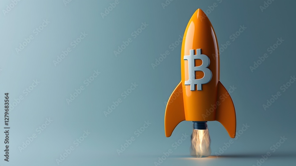 Aufkleber digital rendering of the Bitcoin cryptocurrency symbol with a powerful rocket launch effect symbolizing the potential for dramatic price increases growth