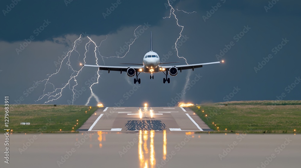 Aufkleber Dramatic image of an aircraft taking off into a sky filled with lightning bolts dark storm clouds in the background and heavy rain visibly falling creating a high contrast and intense atmosphere