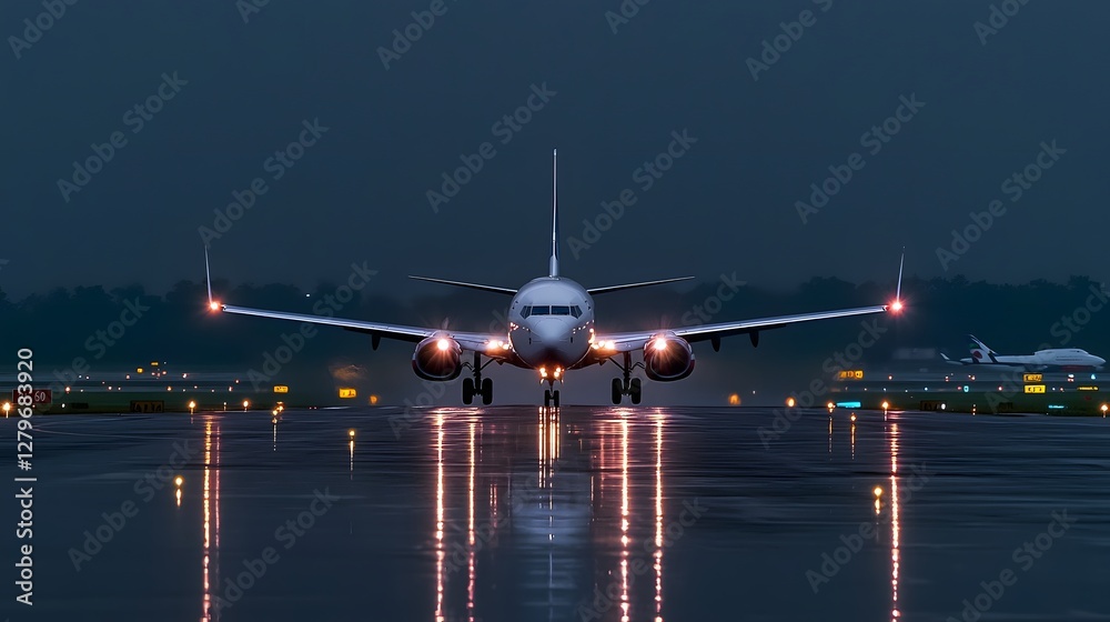 Poster dramatic image of a passenger jet illuminated by emergency strobes while landing on a wet runway dur