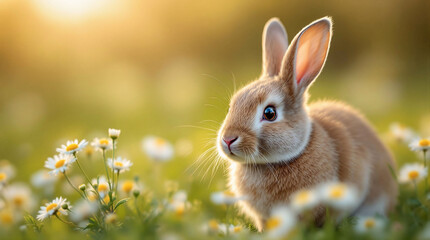 Fototapeta premium A rabbit sitting amidst a field of daisies, bathed in the soft glow of the setting or rising sun. The rabbit's fur is a rich brown, and its eyes are a captivating shade of blue. The surrounding flower