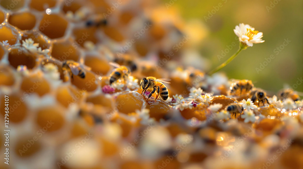 Poster a close-up shot of a honeycomb, with a bee perched on it, surrounded by a few flowers. the honeycomb