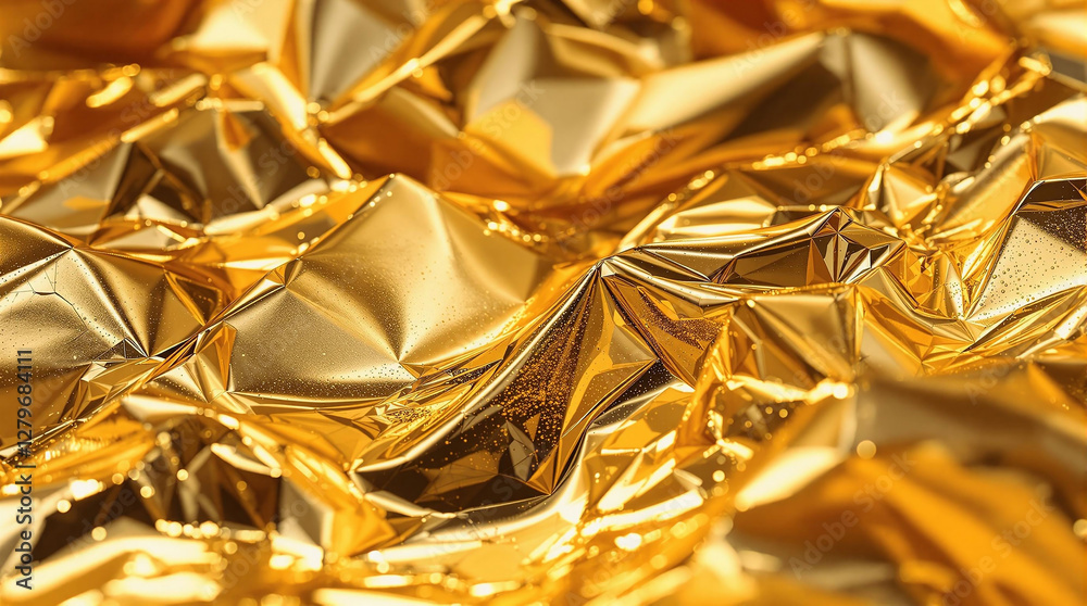 Poster a close up shot of a golden crumpled paper, giving it a shiny and reflective quality.