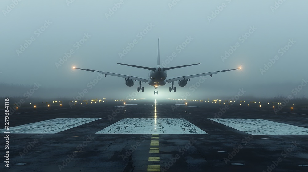 Poster dramatic moody scene of a commercial passenger jet aircraft emerging from dense fog during a nightti