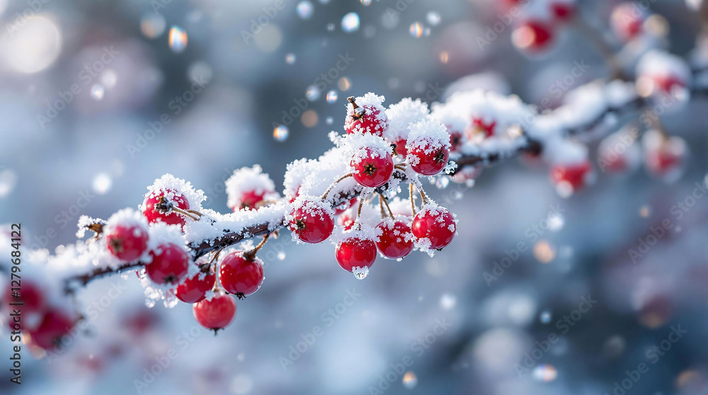 Aufkleber a close-up of a branch covered in snow, with vibrant red berries standing out against a blurred back