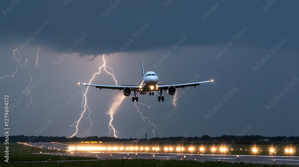 Poster dramatic scene of a plane struggling to ascend during a severe thunderstorm with dark stormy skies a