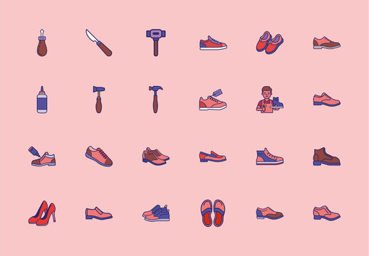 Red and Purple Shoemaker Craft Tools and Shoes Illustrations Set