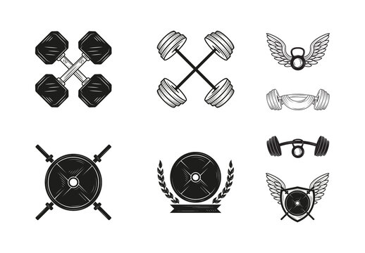 Black Gym Emblems Vintage Fitness Badge Icons Set