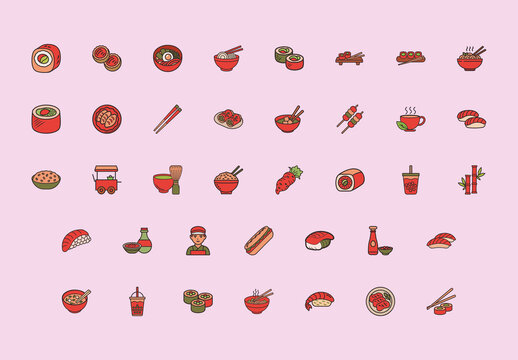 Red And Green Japanese Sushi Illustration Set