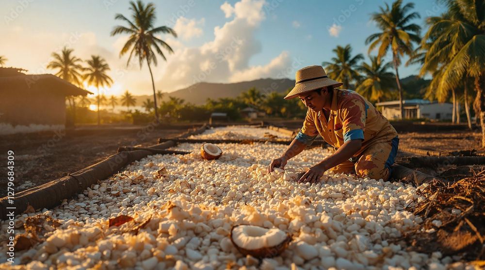 Poster a man in a straw hat and colorful shirt is meticulously working in a field of cotton, surrounded by 