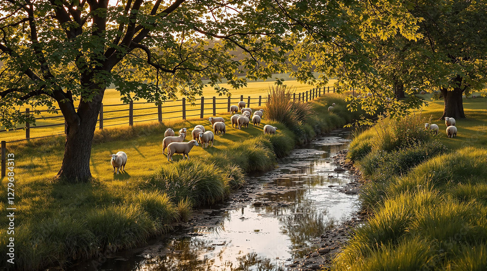 Aufkleber a serene pastoral scene captured during what appears to be the golden hour, with a gentle stream run