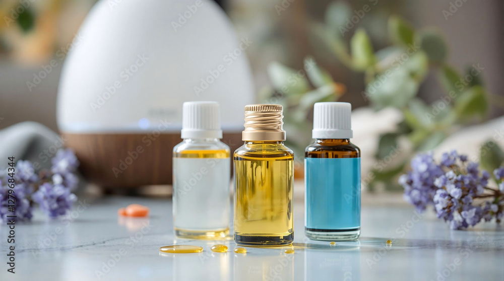 Poster A still life photograph featuring three bottles of essential oils, each with a distinct color, placed on a surface surrounded by flowers. The background is slightly blurred, emphasizing the bottles an