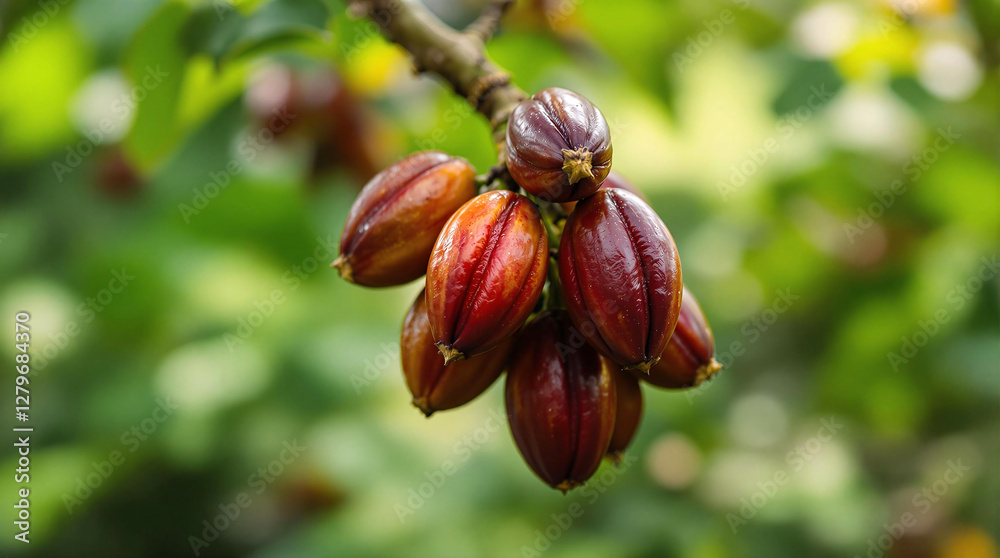 Poster a close-up shot of cocoa beans hanging from a tree branch, with a blurred green background. the bean