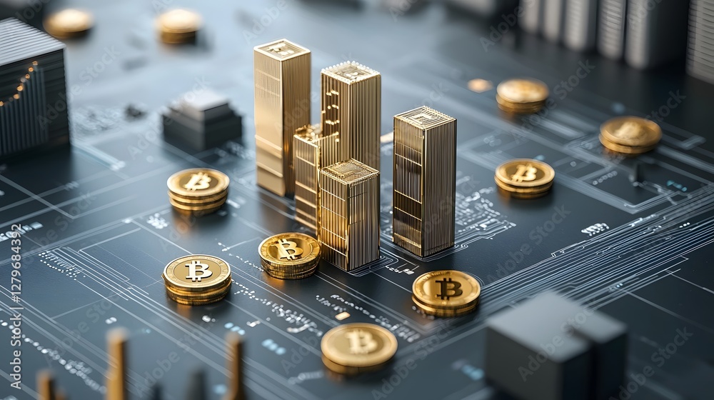 Poster futuristic 3d render of bitcoin and gold bars rising like skyscrapers in a digital cityscape