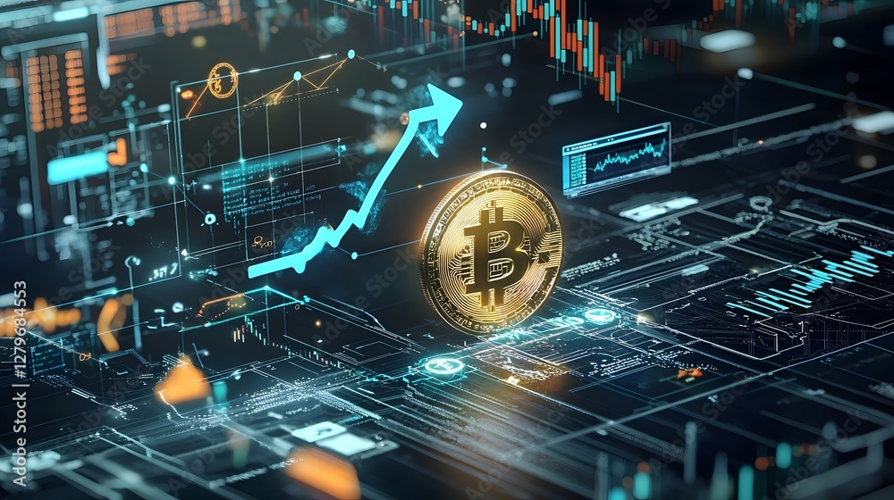 Aufkleber glowing bitcoin cryptocurrency coin with green upward arrow and dynamic market graphs and charts dep