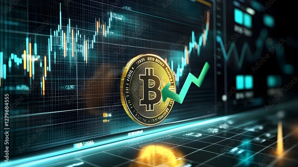 Poster glowing bitcoin cryptocurrency coin with green upward arrow and detailed market graphs indicating po