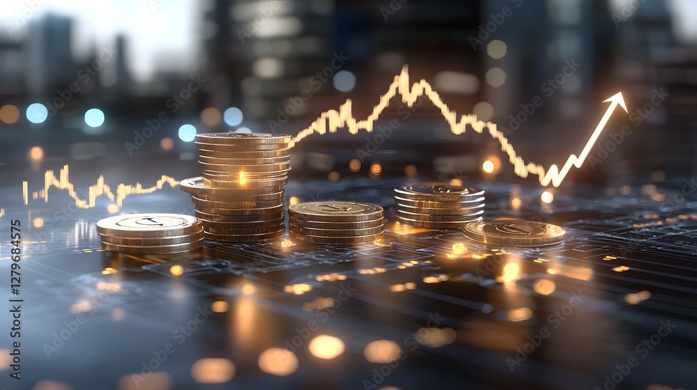 Poster golden coins and bullion stacks displayed with a glowing upward pointing arrow symbolizing the growt