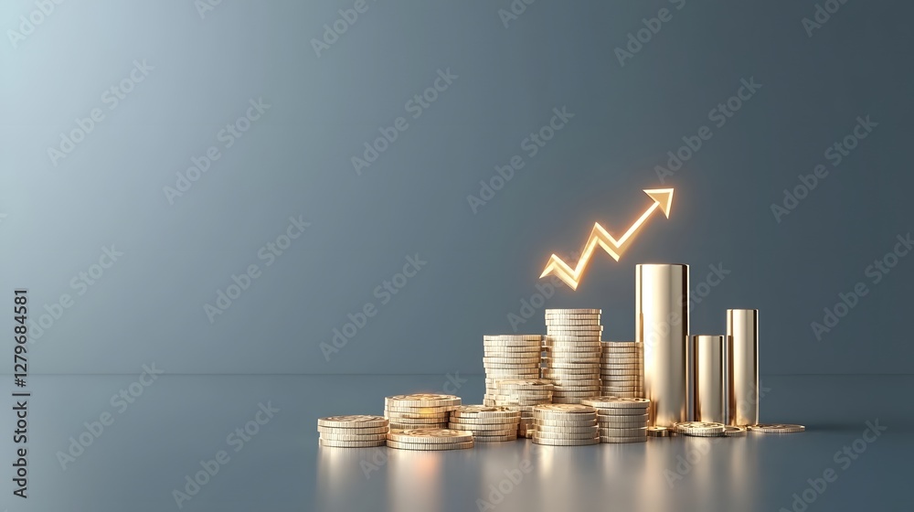 Aufkleber golden coins and bullion stacks with a glowing upward pointing arrow symbolizing financial growth in