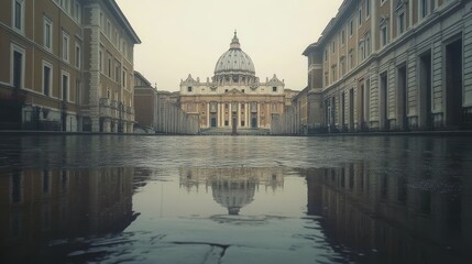 Fototapeta premium St. Peter's Basilica in the evening, Rome, Italy. Beautiful architecture. The location is St. Peter's Square, with buildings on both sides of it. It's a rainy day, and there are puddles everywhere