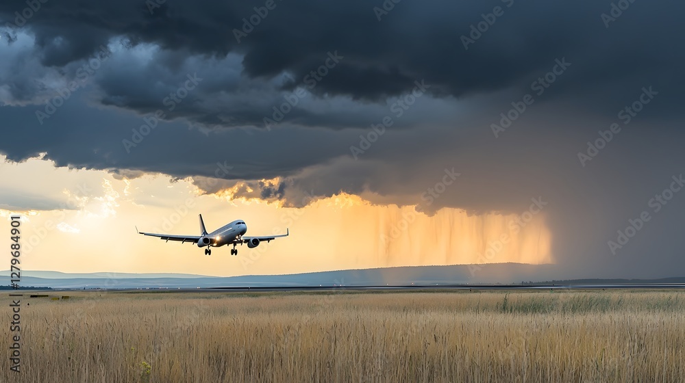 Aufkleber jetliner descending to land during a vibrant sunset with a mix of golden light and ominous dark thun