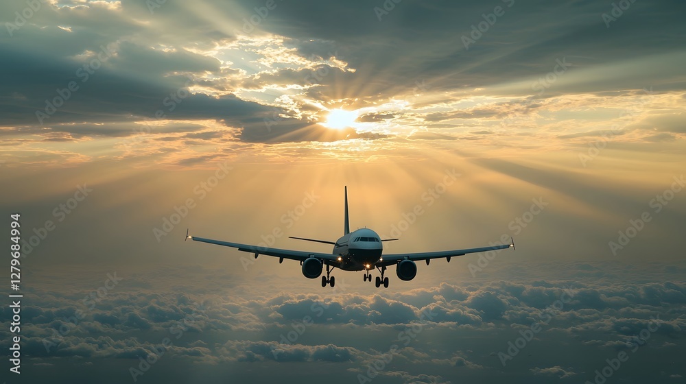 Aufkleber majestic jetliner ascending through a dramatic sky filled with towering storm clouds as powerful sun