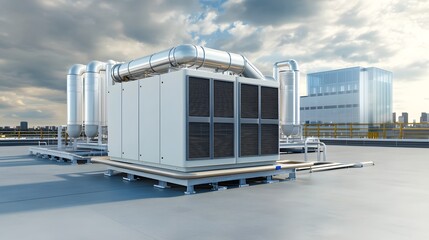 Large industrial HVAC Heating Ventilation and Air Conditioning unit installed on the rooftop of a modern commercial building in an urban cityscape setting