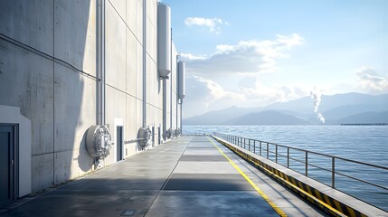 Fototapeta premium Large scale desalination plant located in a coastal industrial setting converting seawater into fresh purified water through advanced and processing technologies