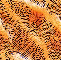 Abstract 3D halftone seamless pattern with fluid orange and black perforated texture, futuristic organic design